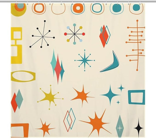 Mid Century Modern Shower Curtain,Vintage Iconic Atomic Modern Retro Space Abstract Geometric Fabric Bathroom Decor Curtains with Hooks 72x72in（183x183cm）
