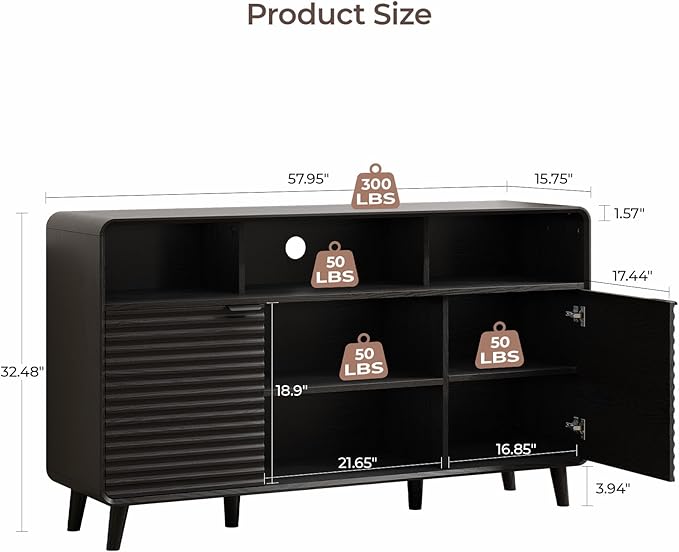 58 Inch Buffet Cabinet with Storage, Curved Buffet Sideboard w/2 Doors, Open Storage Shelf, Adjustable Shelves, Wooden Coffee Bar Cabinet for Kitchen, Living Room, Black