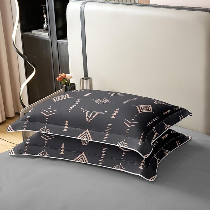 100% Organic Cotton Bull Skull Duvet Cover Twin Boho Bedding Set Ethnic Horns Bohemian Comforter Cover Brown Tribal Symbol Mysterious Aztec Bedroom Decor Abstract Geometric Quilt Cover For Men Boys