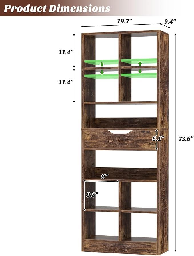 Armocity 8-Tier Tall Bookshelf with Drawer, 73.6" Narrow Freestanding Bookcase, Space-Saving Wood Display Shelves Storage for Living Room, Home Office Bedroom, Rustic Brown