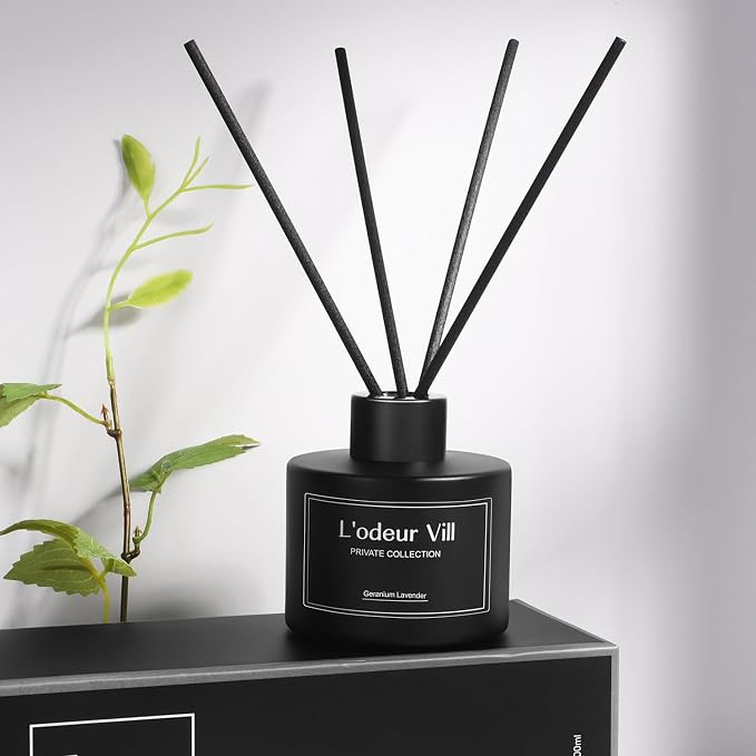 L'odeur Vill Reed Diffuser, 3.4oz(100ml) Lavender Geranium Diffuser Set with 6 Oil Diffuser Sticks, Matte Black Aroma Scent Diffuser, Long Lasting Home Fragrance for Bathroom Shelf Decor