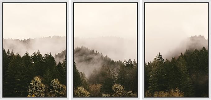 SIGNWIN 3 Piece Framed Canvas Wall Art Brown Foggy Mountains Nature Wilderness Photography Abstract Rustic Canvas Prints Home Artwork Decoration for Living Room,Bedroom - 24"x36"x3 White