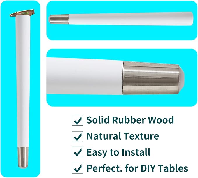 TEMI Table Legs 16 inch Wood Furniture Legs with Metal Edge for Coffee Table End Table Mid-Century Modern Style Tapered Round DIY Furniture Legs Accessories Included, White