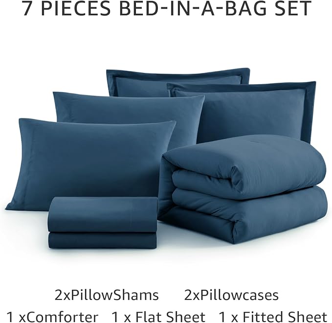 WRENSONGE Full Size Comforter Sets-7 Pieces Serenity Blue Bed in a Bag with Fitted Sheet, Flat Sheet, 2 Pillow Shams, 2 Pillowcases, Warm Bedding Sets for All Season