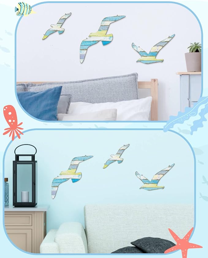 Putuo Decor 3 Pcs Seagull Wall Art - Wooden Coastal Grandma Decor with Metal Hook, Nautical Beach Wall Decor Vintage Seagull Sculptures for Lake House Bathroom Nursery Ocean Theme