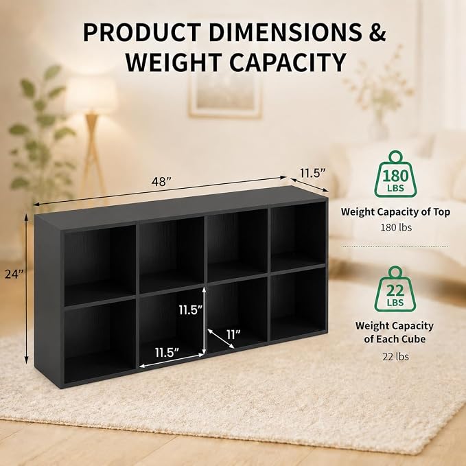 POWERSTONE 8 Cube Storage Organizer, Open Cube Bookshelf with Back Panels, Modern Display Cubby Bookcase for Bedroom Living Room Home Office, Black