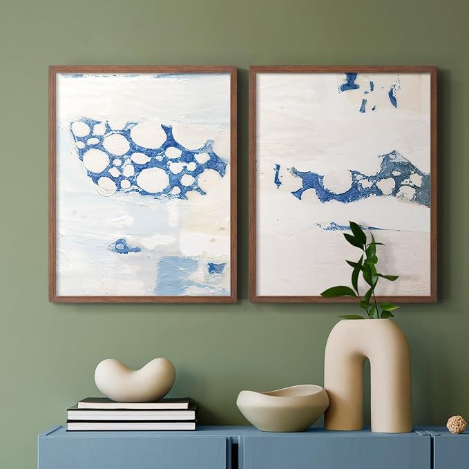 Renditions Gallery Set of 2 Peel & Stick Framed Prints, Textured Abstract Wall Art, White Blue Bubble Like Pattern Wall Decor, Re-Stickable - Ready to Hang - 11"x14" - Walnut Frame LT588