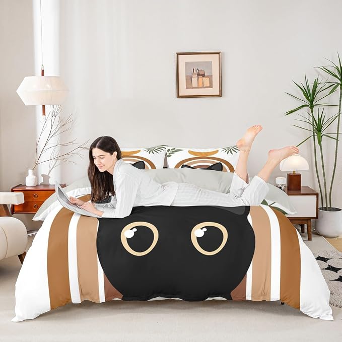 Erosebridal Cartoon Cat Bedding Set Queen Abstract Geometric Duvet Cover Boho Mid Century Comforter Cover for Kids Girls Boys Adults Modern Minimalism Animals Bed Set