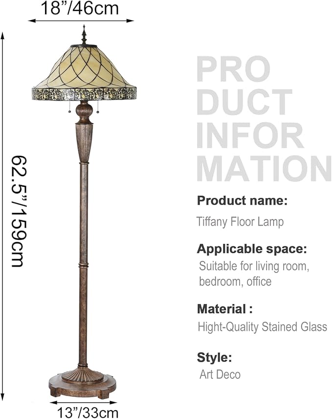 FL0002 Tiffany Floor Lamp Stained Glass Lampshade Beige-Like Color with Geometric Pattern, Warm Glow & Elegant Design, Antique Finished Lampbase, W 18 X H 62.5 Inches, LED Bulbs Included