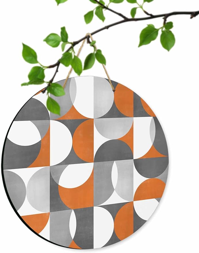Welcome Sign for Front Door Mid Century Geometric Wood Door Hanger for Outdoor Outside Porch,10 Inch Round Wooden Wreath Indoor Wall Hanging Decoration, Abstract Modern Orange