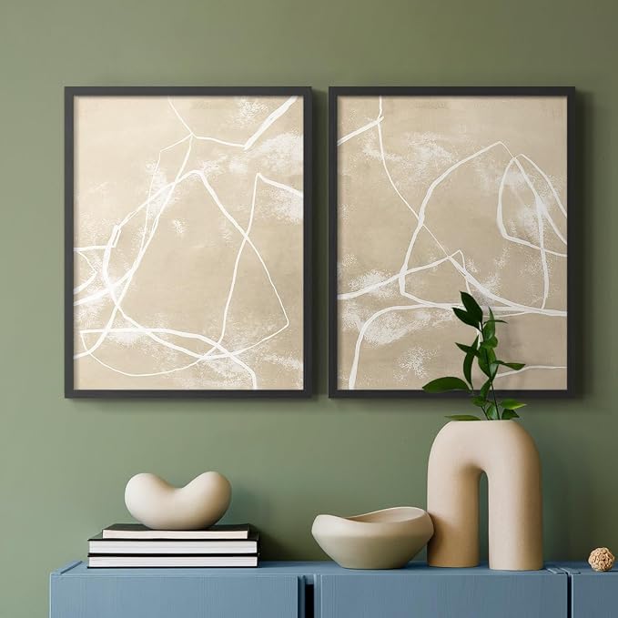 Renditions Gallery Set of 2 Peel & Stick Framed Prints, Neutral Abstract Wall Art, Beige Line Art Pattern Wall Decor, Re-Stickable - Ready to Hang - 8"x10" - Black Frame LT588