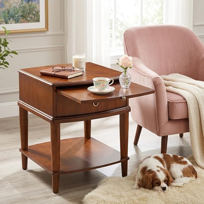 Traditional Wood End Table with Drawer and Storage Shelf, Hardwood Beside Table with Pull-Out Divider, Modern Vintage Sofa Chair Side Table Nightstand for Living Room Bedroom, Cherry Brown 1569MG