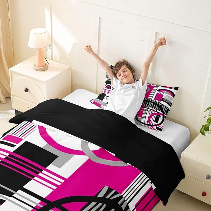 Art Deco Mid Century Duvet Cover Set Retro Modern Abstract Geometric Girl Toddler Bedding Set for Preteen Boys Girls Black and White Hot Pink Circles Stripes Comforter Cover Contemporary Bed Sets