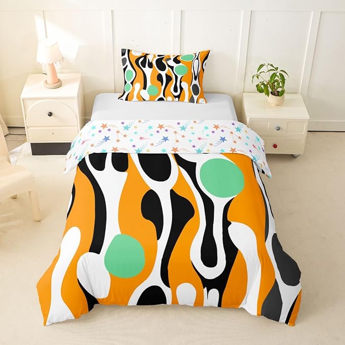 Erosebridal Organic Abstract Duvet Cover Set Modern Contemporary Twin Bedding Sets for Girls Child Boys Boho Mid Century Wavy Lines Comforter Cover Retro Geometric Bed Set,Orange Green