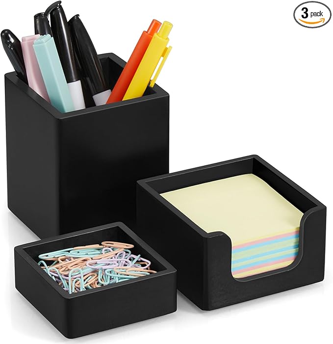 Black Desk Organizer Set of 3 - Wood Office Desk Accessories - Desk Organizers and Accessories for Women Men - Set incl. Pencil Pen Holder, Paperclip Storage and Sticky Note Holder
