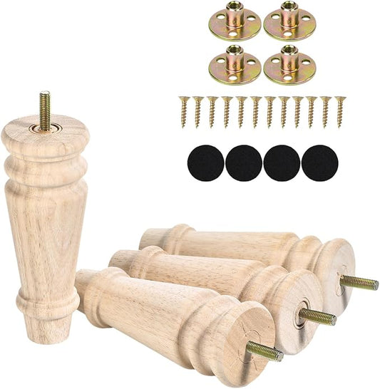Maricome 6 Inch Wood Furniture Bun Feet Set of 4 Mid Century Replacement Legs for Couch Sofa Ottoman Chair Cabinet Pre-drilled M8 Hanger Bolt