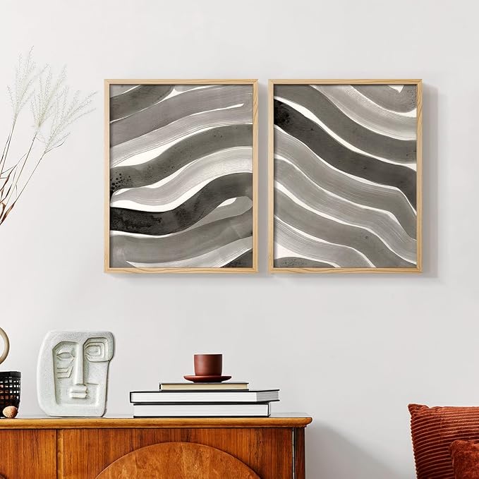 Renditions Gallery Set of 2 Peel & Stick Framed Prints, Watercolor Abstract Wall Art, Black and White Bold Brushstrokes Wall Decor, Re-Stickable - Ready to Hang - 16"x20" - NATURAL WOOD Frame LT588