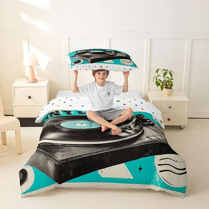 Erosebridal Retro Music Toddler Duvet Cover for Boys Men - Retro Vinyl Record Bedding Set Vintage Nostalgic Music Comforter Cover,Rustic Musical Notes Bed Set