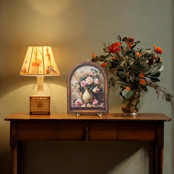 3D Vintage Rose Flower Desk Decor Sign, Country Floral in Vase Framed Wall Art Sign for Home Bedroom Living Room Desk Wall Shelf Farmhouse Aesthetic Decor 8x10 Inch