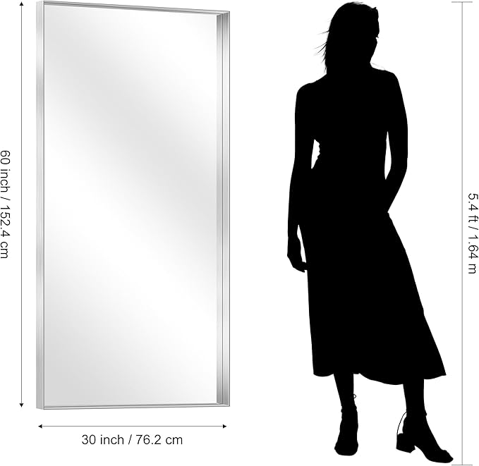 CIRCUMI Silver Bathroom Mirror, 30"x60" Rectangular Mirror with Deep Metal Frame, Brushed Finish, Tempered Glass, Large Mirror for Wall, Over 2 Sinks, Installed Vertically/Horizontally, Crystal-Clear