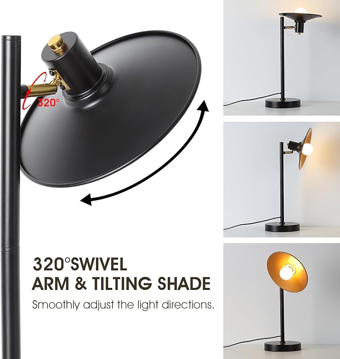 Modern Desk Lamp Black Gold Table Lamp Metal Reading Light with Adjustable Swivel Arm Reading Lamp for Nightstand Bedside Table, Office Desk, Living Room