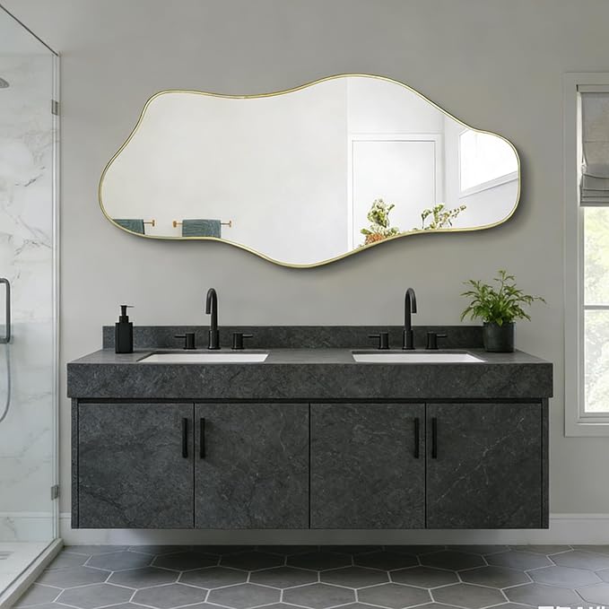 Large Irregular Frameless Mirror, 63"x30" Asymmetrical Full Length Mirror for Dressing, Gold Modern Abstract Tempered Glass Mirrors for Living Room Bathroom Bedroom Hallway Entryway