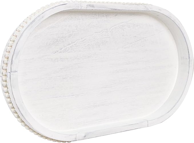 MAONAME Wood Serving Tray, Farmhouse Wooden Tray for Coffee Table, Oval Beaded Trays, Vintage White Decorative Trays for Living Room, Kitchen, 15" X 9" X 1.2"