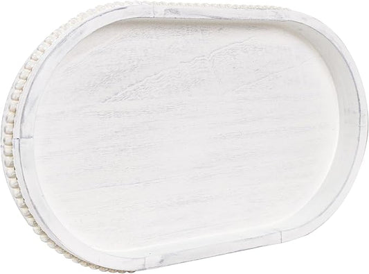 MAONAME Wood Serving Tray, Farmhouse Wooden Tray for Coffee Table, Oval Beaded Trays, Vintage White Decorative Trays for Living Room, Kitchen, 15" X 9" X 1.2"