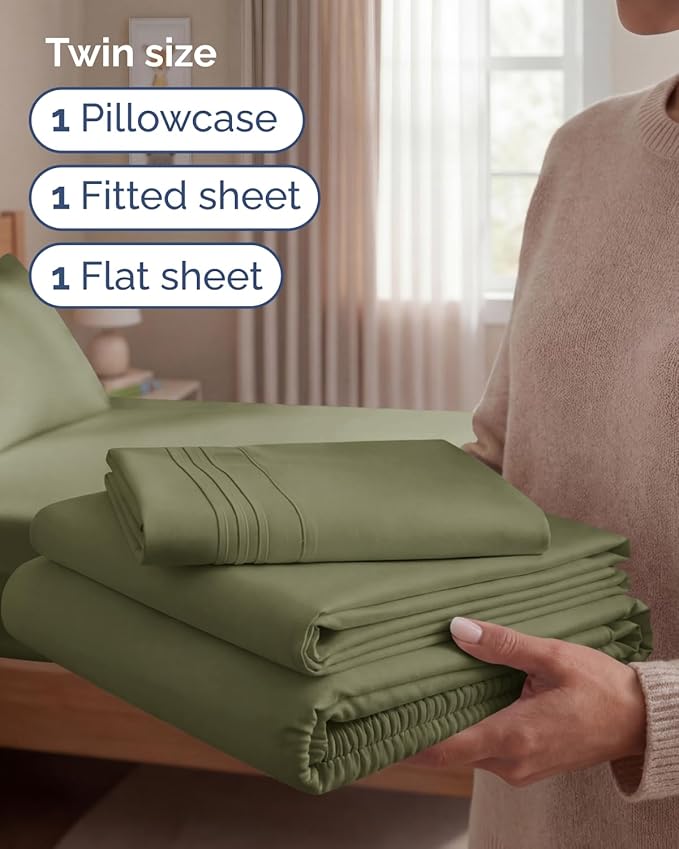 Twin Size 3 Piece Sheet Set - Comfy Breathable & Cooling Sheets - Hotel Luxury Bed Sheets for Women and Men - Deep Pockets, Easy-Fit, Soft and Wrinkle Free Sheets - Sage Green Oeko-Tex Bed Sheet Set