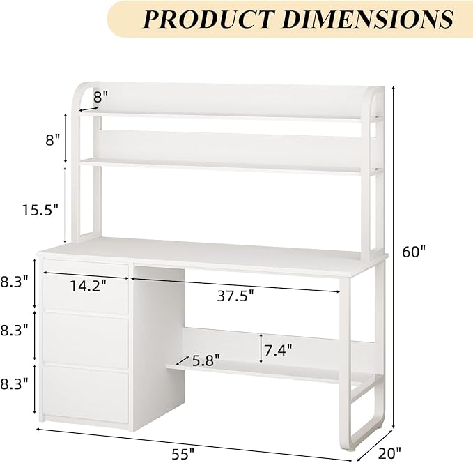 MaverickFurni White Desk with Hutch, 55 Inch Computer Desk with 3 Drawers for Bedroom, Study Writing Desk with Shelves for Small Spaces, Adjustable Feet