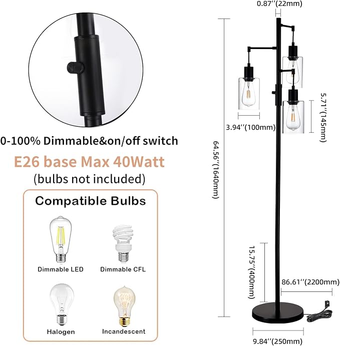3 Lights Floor Lamp, Industrial Tree Lamp for Living Room Bedroom, Black Modern Dimmable Farmhouse Standing Lamp, Tall Pole with Clear Glass Shade