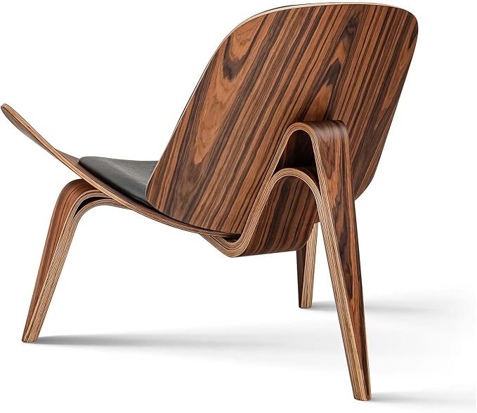 Mid Century Modern Shell Lounge Chair, PU Leather, Tripod Plywood Classic Design Solid Wood Accent Chairs for Living Room, Reading, Lounge, Office, Salon