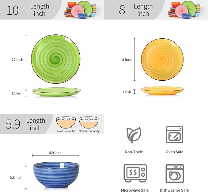 Selamica Ceramic Plates and Bowls Sets,24 Pieces Dinnerware Sets for 8,Scratch Resistant Dish Set for holiday gathering,Dishwasher & Microwave Safe, Dopamine colors