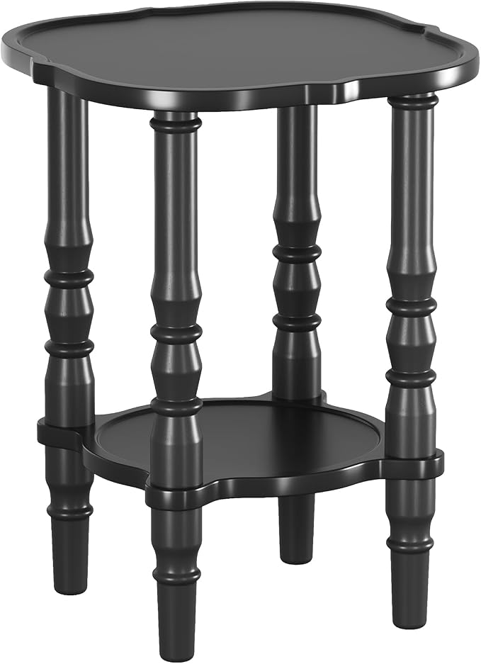 Solid Wood End Table Living Room - 21.7" H Small Narrow Square Wooden End Table for Small Spaces, Dark Real Black Solid Wood Vintage Antique Side Bedside Table Nightstand with 2-Tier Storage