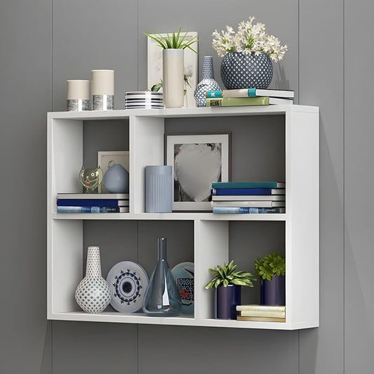 RUNNUP Floating Wall Mount Bookcase Engineered Wood Book Shelf Decor Wall Shelf for Study Room Office Living Room, White 31.5" L x 9.4" W x 25.6" H
