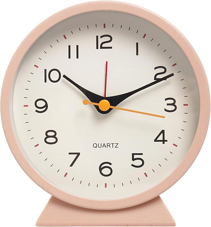 SHISEDECO 4.5" Battery Operated Antique Retro Analog Alarm Clock, Small Silent Bedside Deskclock with Light Function, Non-Ticking Tableclock Decor for Living Room, Bedroom, Bedside, Shelf (Pink)