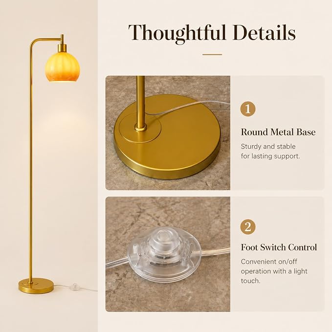 67" Soft Glow Art Deco Floor Lamp - Metal Pole Sunset Glass Lamp, Pedal Switch & E26 Bulb, Perfect for Bedroom Living Room Office Scandinavian/Minimalist/Contemporary Interiors