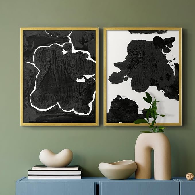 Renditions Gallery Set of 2 Peel & Stick Framed Prints, Fluid Abstract Wall Art, Black and White Inkblot Wall Decor, Re-Stickable - Ready to Hang - 22"x28" - GOLD Frame LT588