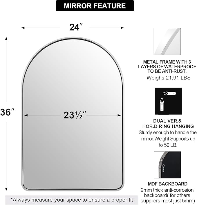 ANDY STAR Chrome Arched Bathroom Mirror, 24x36’’ Arched Wall Mirrors, Chrome Bathroom Vanity Mirror Over Sinks, Bathroom, Entryway in SUS304-Anti-Rust Tube Metal Frame Wall-Mounted Vertical 1’’ Deep