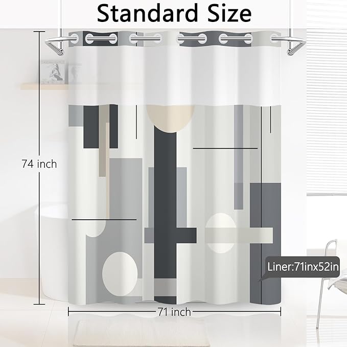 No Hook Shower Curtain with Snap in Liner - Gray & Beige Modern Geometric Shower Curtain with See Through Top Window, Waterproof Cloth Fabric, 71x74 Inch