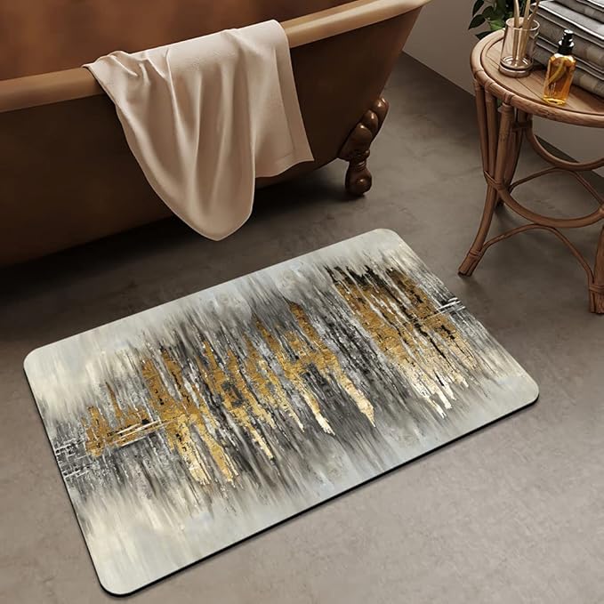 Bath Mat Rug,Gray Gold crackNon Slip Quick Dry Super Absorbent Thin Bathroom Rugs Fit Under Door-Easy to Clean Bathroom Floor Mats-Shower Rug for Shower Sink Bathtub(16" x 24"in)