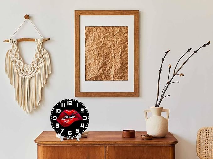 Red Lips Wall Clock Sexy Biting Lips on Black Background Battery Powered Wall Clock Silent Non Ticking 10 Inch for Living Room, Kitchen, Home,Bathroom, Bedroom