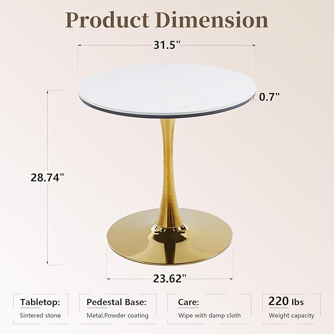 31.5 Inch Round Dining Table,Mid-Century Tulip Table with Metal Pedestal Base,Modern Leisure Table for Small Space Kitchen Dining Room,Easy Assembly,Gold and White