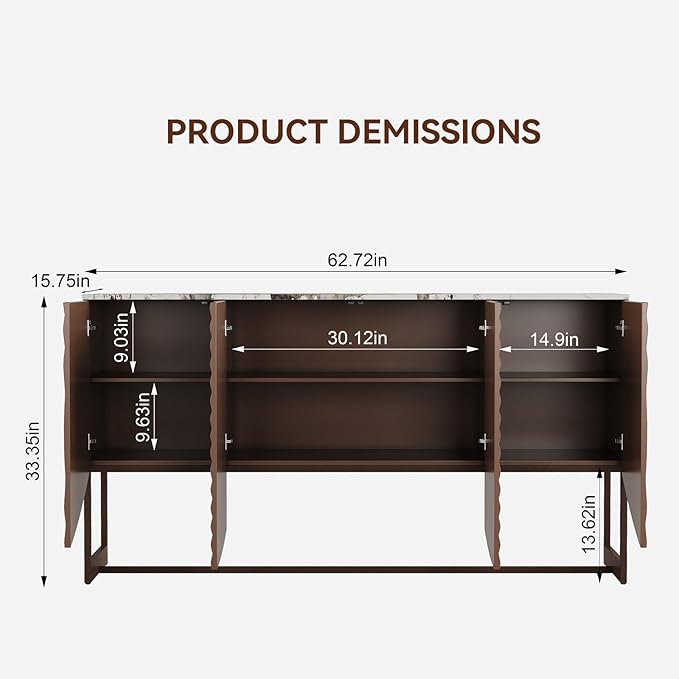 LKTART Sideboard Buffet Cabinet with Storage, 4 Doors Modern Accent Storage Cabinet Water Ripple Sideboard Buffet with Simulated Marble Textured Countertop for Kitchen, Living Room
