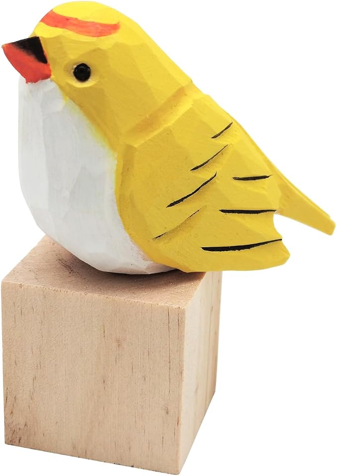 DIYOMR Bird Figurine, Hand Carved Birds Wood Décor, Art Animal Wooden Sculpted Bird with Wood Block, Vivid Bird Statue for Gift Home Table Ornament Decor (Yellow Bird)