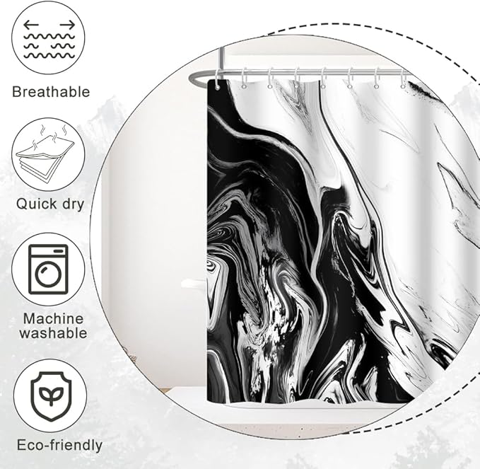 Black and White Shower Curtain, Modern Abstract Black Marble Shower Curtain for Bathroom Aesthetic Ink Texture Waterproof Shower Curtain Set with Hooks, 60x72 Inch