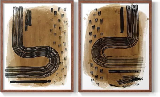 Renditions Gallery Set of 2 Peel & Stick Framed Prints, Abstract Wall Art, Hand Drawn Ink Curves Wall Decor, Re-Stickable - Ready to Hang - 8"x10" - Walnut Frame LT588
