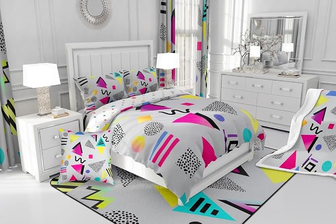 80s 90s Bedding Set Memphis Pattern Old Fashioned Comforter Cover King,Geometric Abstract Colorful Dots Funky Duvet Cover Retro Bed Set,Multicolor Vintage Rainbow 80'S Style 1980S Home Decor,Grey