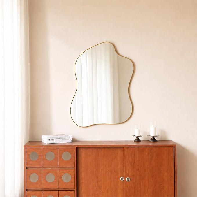 Irregular Wall Mirror Brass Wave Shaped Metal Framed Wall Mirror for Bathroom Bedroom Entryway Living Room Wall Decor 30.5" L x 23" W 2303G