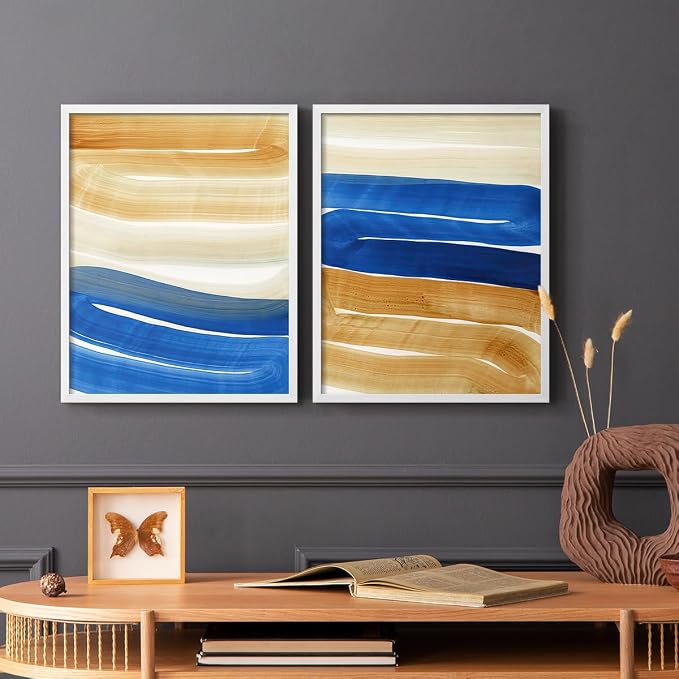 Renditions Gallery Set of 2 Peel & Stick Framed Prints, Abstract Wall Art, Blue and Gold Wave Textured Background Wall Decor, Re-Stickable - Ready to Hang - 16"x20" - White Frame LT588